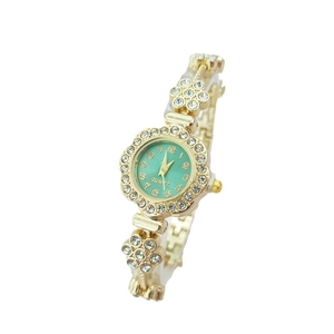 Elegant gold flower bracelet watch with green dial and rhinestones for women