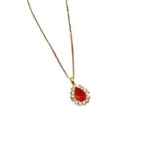 Luxury titanium steel necklace featuring a pear-cut red ruby pendant and sparkling crystals