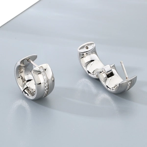 Polished stainless steel hoop earrings with a vertical row of clear zircon diamonds