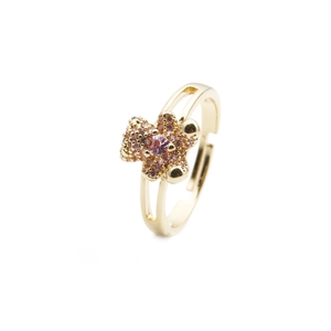 Detail of a gold adjustable ring featuring a cute bear head paved with pink crystals