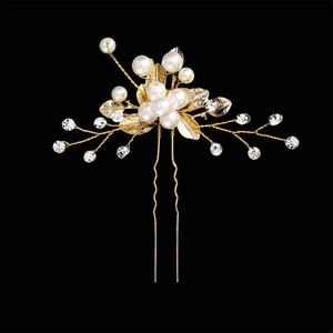 Handmade U-shaped pearl hair pin with gold leaves and rhinestones for bridal styling