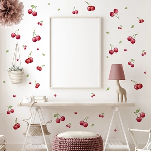 Watercolor cherry wall stickers for bedroom decor with red fruit and green leaves