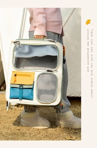 Detail of canvas pet carrier bag showing multiple pockets and transparent mesh window