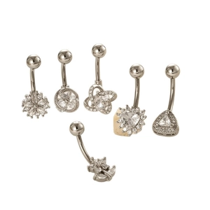 Set of 6 stainless steel navel rings with cubic zirconia in assorted geometric shapes