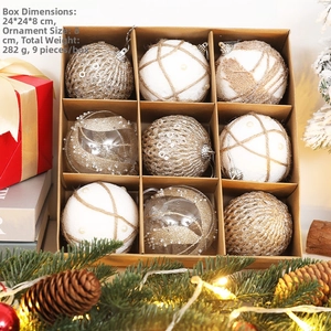 Detail of 9-piece 8cm Christmas ball set with sequins, burlap, and gold textures in a box
