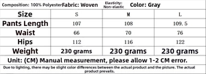 Detailed size chart for gray two-piece kimono top and straight leg trousers set