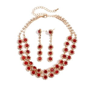 Elegant gold necklace and earring set with red floral crystal tassels for women
