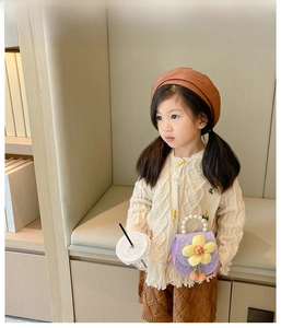 Detail of lavender mini bag with pearl handle and yellow floral decor on knited cardigan