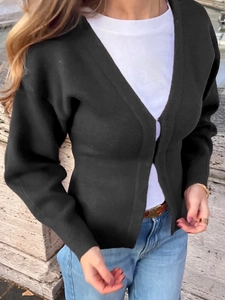 Women's chic black V-neck knit cardigan sweater with long sleeves in a slim fit style