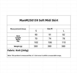 Size chart for vacation style soft midi skirt with length waist and hip measurements