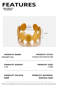 Detailed specs of the gold geometric stainless steel ring showing dimensions and 2.7g weight