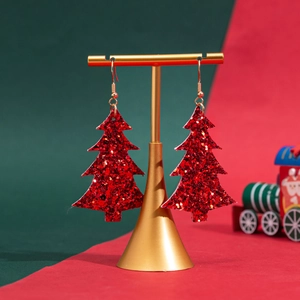 Sparkly red glitter Christmas tree drop earrings with gold hooks for holiday party