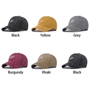Washed cotton baseball caps with scorpion embroidery in black, yellow, grey and red colors