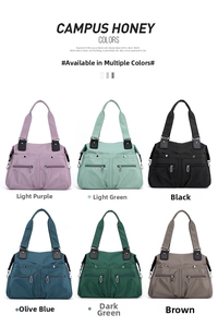 Nylon tote bags shown in six colors with dual front zippers on a clean white background
