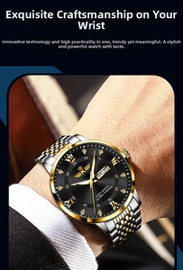 Detail of men's two-tone watch featuring a black dial with day-date display