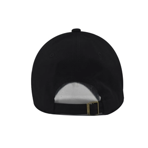 Detailed back view of a black cotton baseball cap with adjustable metal slider buckle