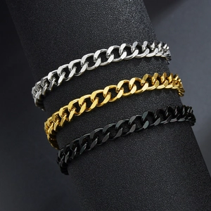Three-color titanium steel Cuban curb chain bracelets in gold, silver, and black finishes