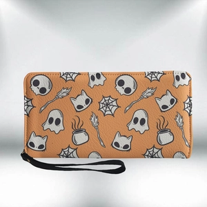 Orange PU leather long wallet with Halloween skull and ghost patterns and a wrist strap