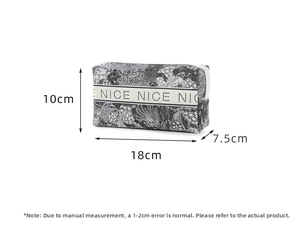 Size chart for large waterproof makeup bag showing dimensions 18cm by 10cm by 7.5cm