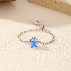 S925 silver chain ring featuring a dangling blue star crystal pendant and adjustable bead