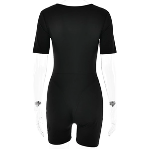 Back view of a sleek black short-sleeved bodysuit with a slim-fit cut and smooth fabric