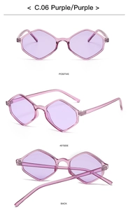 Three-view layout of purple irregular diamond frame sunglasses showing front and side angles