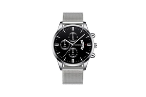 Detail of silver mesh band and black chronograph dial with calendar on a men's watch