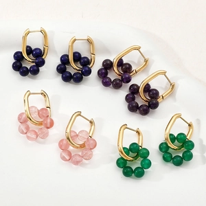 Set of 4 gold stainless steel hoop earrings with lapis and natural stone beads