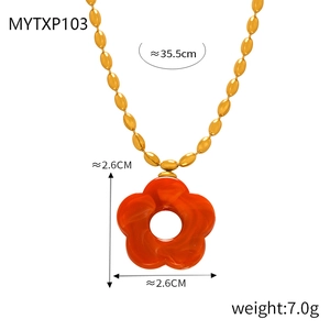 Golden bead necklace with an orange flower pendant including size and weight specs