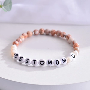 Natural stone beaded bracelet with Best Mom letter beads on a clean white display
