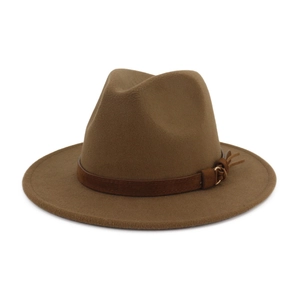 Classic brown felt fedora hat with a vintage leather band shown from a side angle