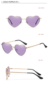 Multiple views of gold heart sunglasses with purple lenses and metal frames