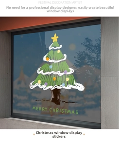 Christmas tree window sticker with Merry Christmas text on glass storefront
