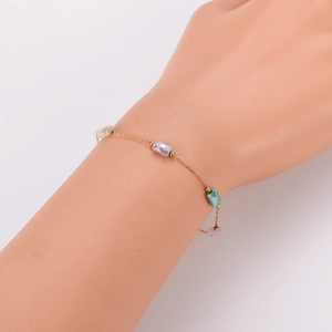 304 stainless steel chain bracelet with colorful faceted gemstone beads on a model