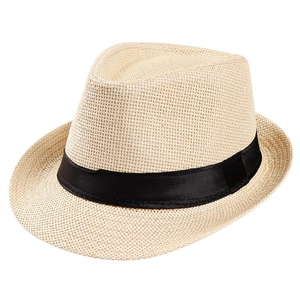 Close-up of beige straw fedora with breathable mesh weave and black satin decorative ribbon