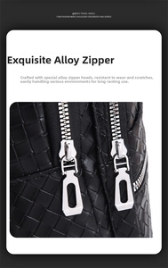 Close-up of durable silver alloy zipper on a black woven texture men's crossbody bag