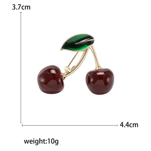 Fashion sweet cherry fruit brooch in red and gold finish with size and weight specs