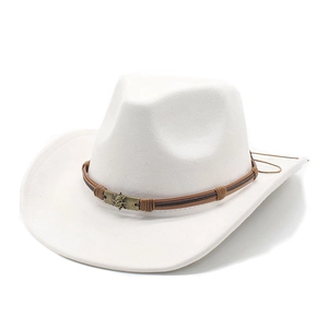 White faux suede cowboy hat with brown multi-wrap band and bronze skull buckle