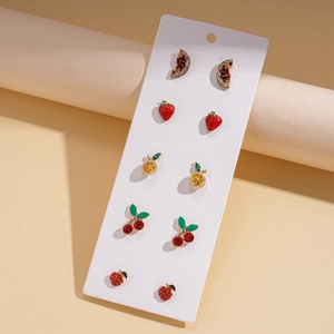 Set of five rhinestone fruit stud earrings including strawberry and cherry designs