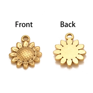Front and back view of golden stainless steel sunflower pendant with petal texture