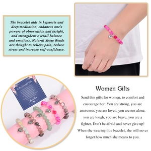 Detailed four-grid showcase of natural stone heart bracelets with gift cards and model wearing
