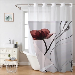 Detail showing the silver metal grommets and the elegant red floral print on the shower curtain