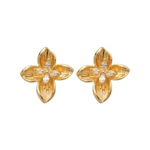 Elegant gold flower stud earrings with zircon crystals on a clean white background