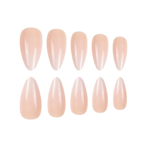 Minimalist almond-shaped press-on nails in a glossy nude gradient finish on white background