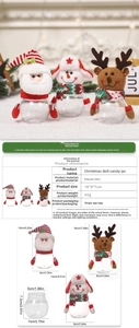 Detailed views of Santa, Snowman, and Reindeer Christmas candy jars with fabric toppers