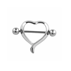 Polished heart shaped belly button ring with crossbar in silver stainless steel
