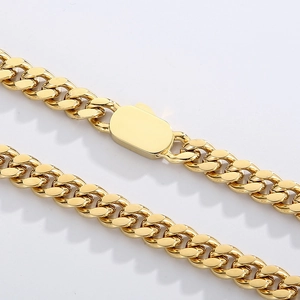 Gold vacuum-plated stainless steel Cuban link necklace with flat snap clasp closure