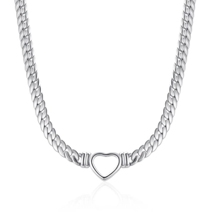Silver Cuban link chain necklace featuring a hollow heart pendant on a white background