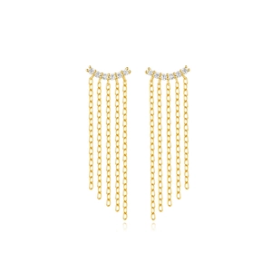 Sparkling S925 sterling silver tassel earrings with gold plating and cubic zirconia