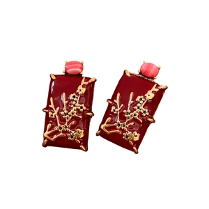 Vintage style red rectangle enamel earrings with golden plum blossom pattern